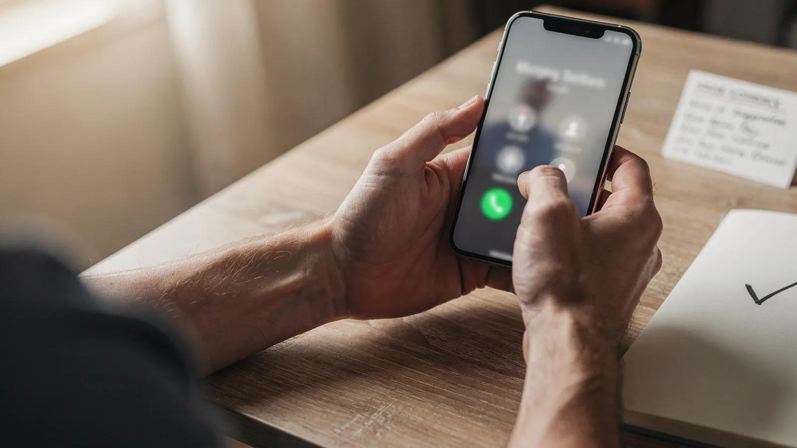 Şüpheli telefon aramasını doğrulamak için bilinen numaraların yazılı olduğu kartı kullanan eller ve yanında not defteri