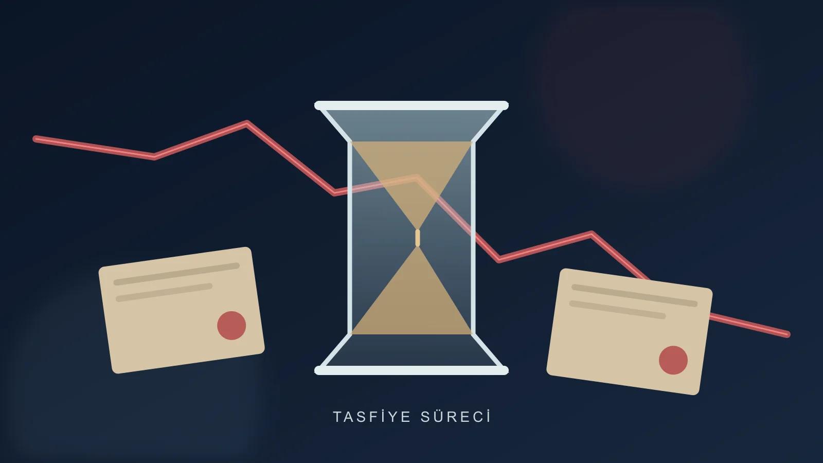 Koyu lacivert zemin üzerinde beyaz belge simgeleri, kırmızı aşağı yönlü çizgi ve geometrik zaman sembolüyle fon tasfiye sürecini anlatan özgün editoryal illüstrasyon