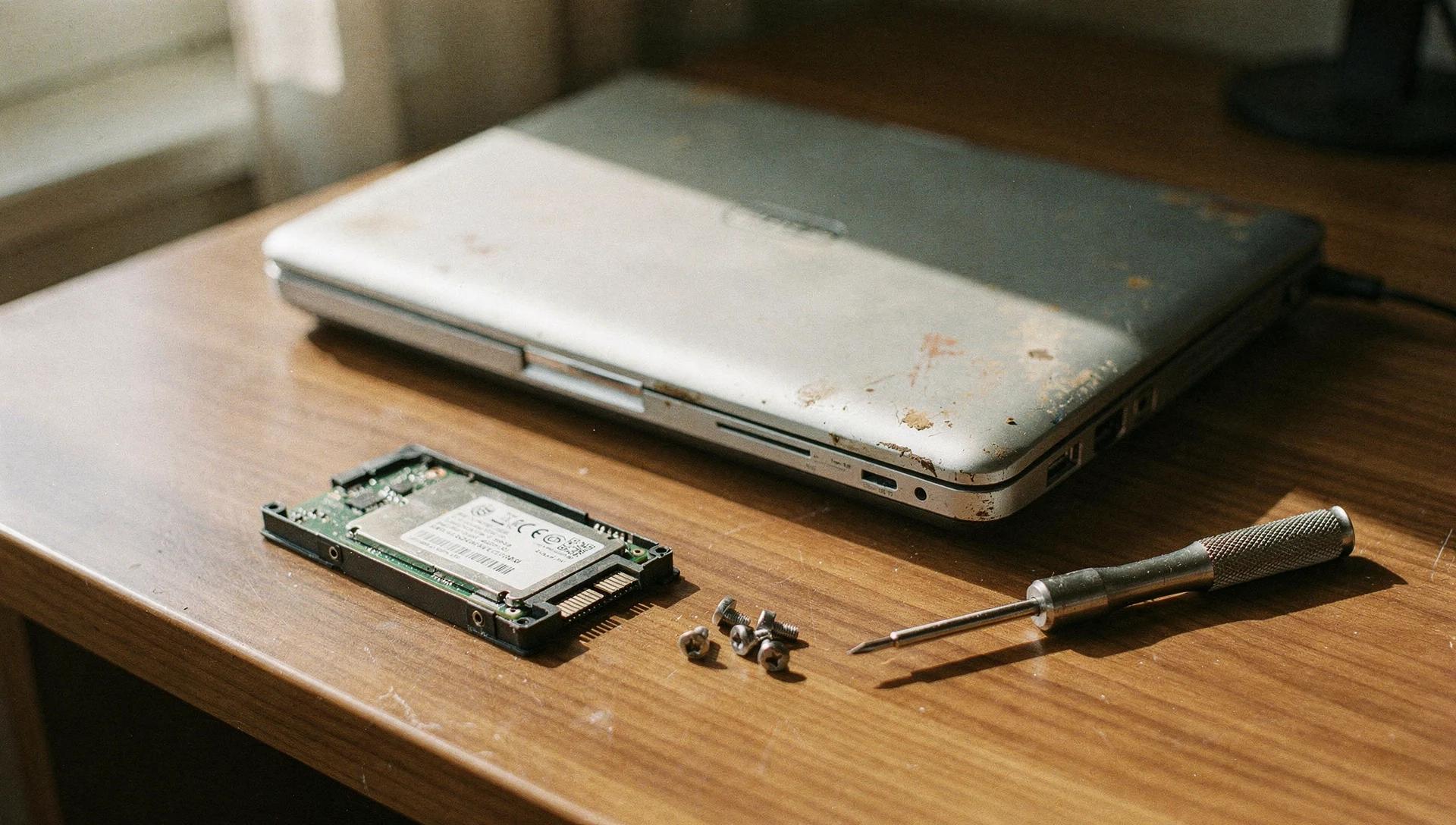 Eski laptop bakımında kullanılan SSD ve tornavidalı çalışma masası