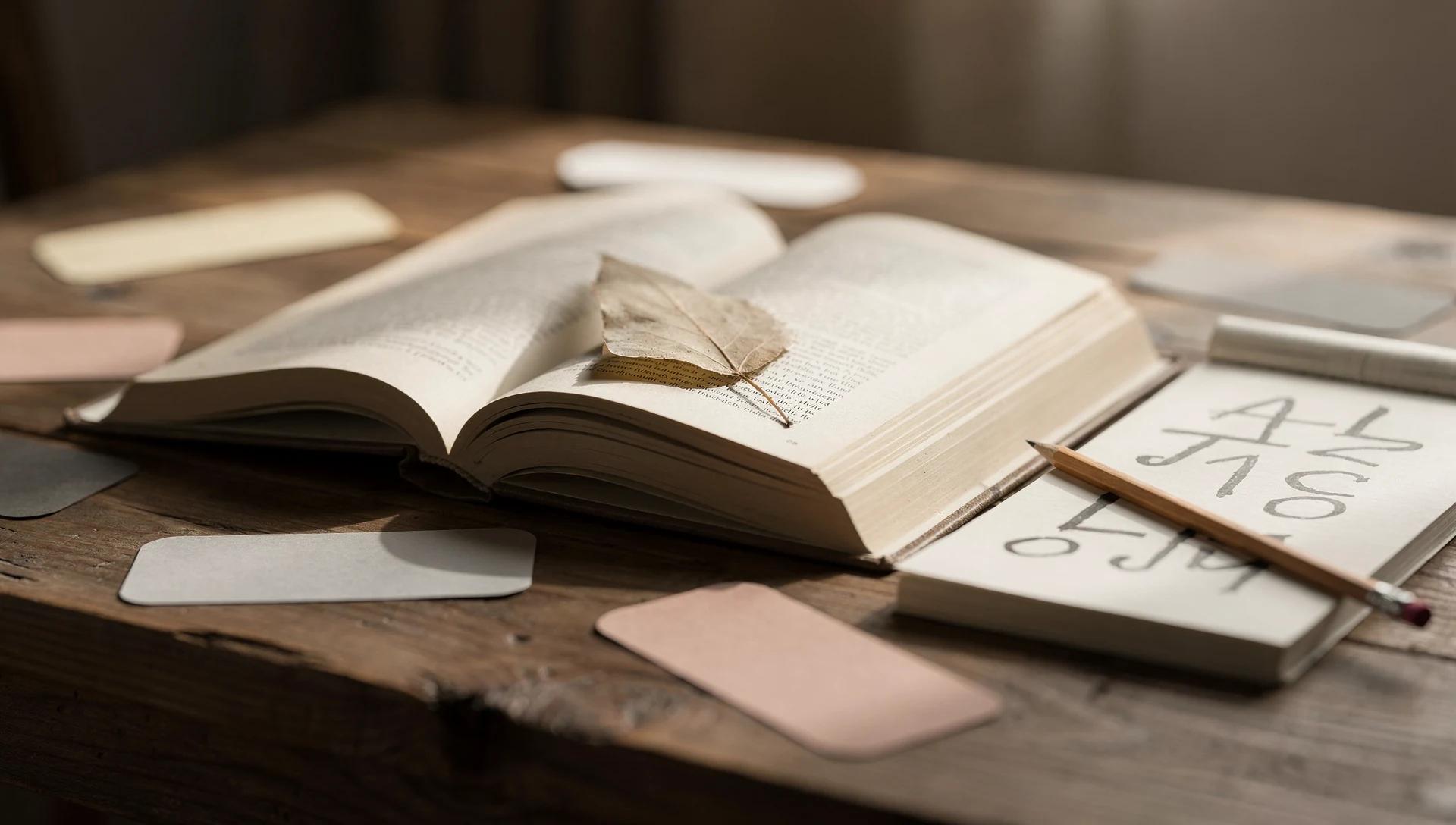 Kitap notları için açık kitap, küçük not defteri, kalem ve ayraçlar
