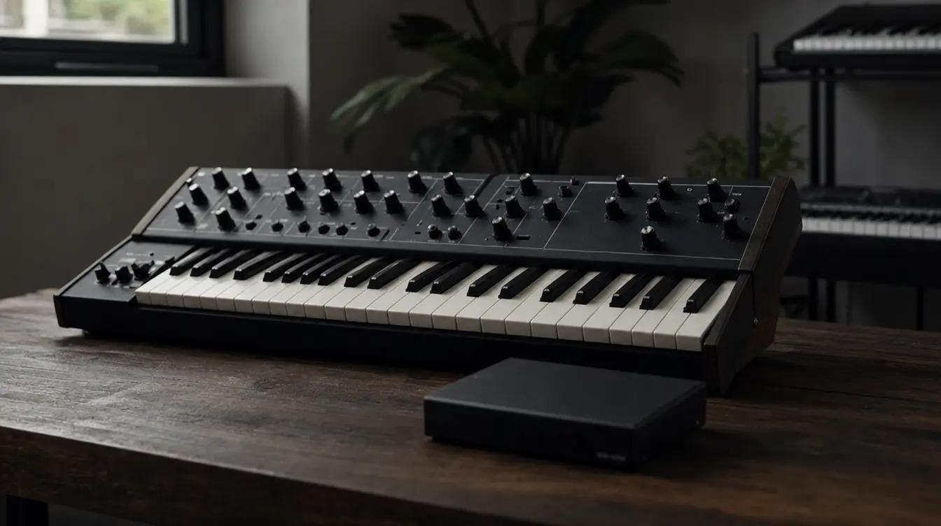 Ahşap yan panelli, üzerinde çok sayıda düğme bulunan yazısız bir synthesizer ve yanında küçük siyah bir kutu
