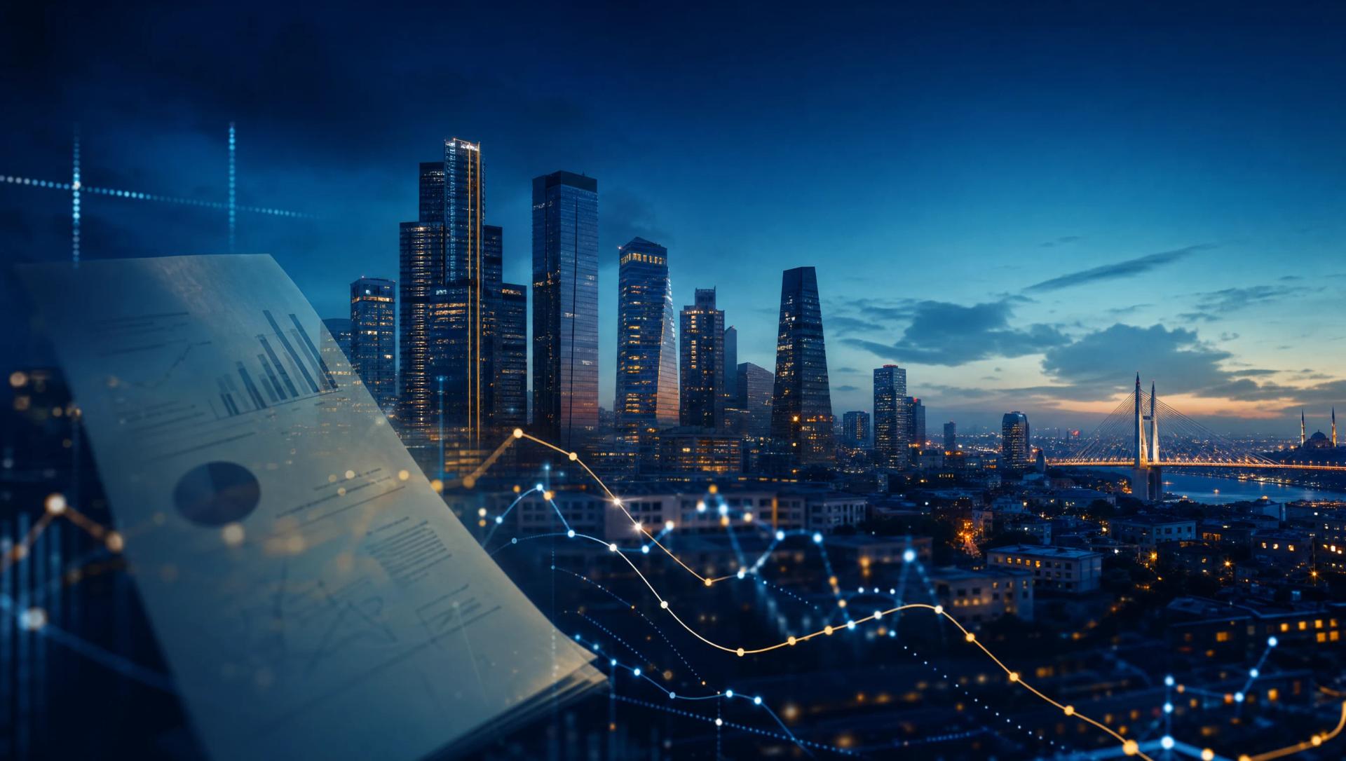 İstanbul finans merkezinin gece görünümü önünde şeffaf portföy raporu ve soyut piyasa çizgileri